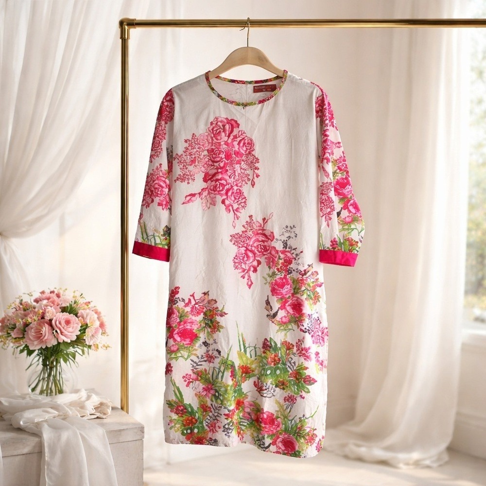 Khaadi Pret Womens 14 Floral Cotton Kurta Tunic Dress Grey Pink Pakistani Ethnic
